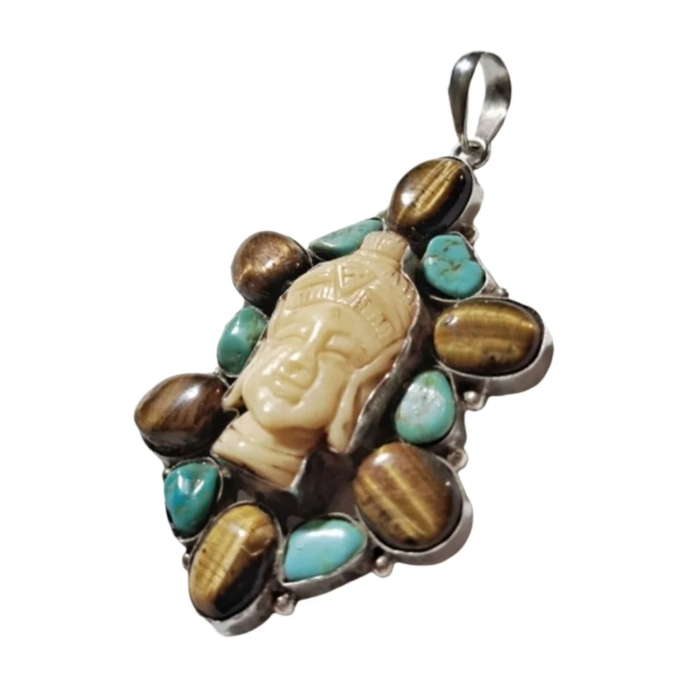 Large Carved Buddha Pendant 925 Silver with Genuine Turquoise & Tiger Eye RARE!!